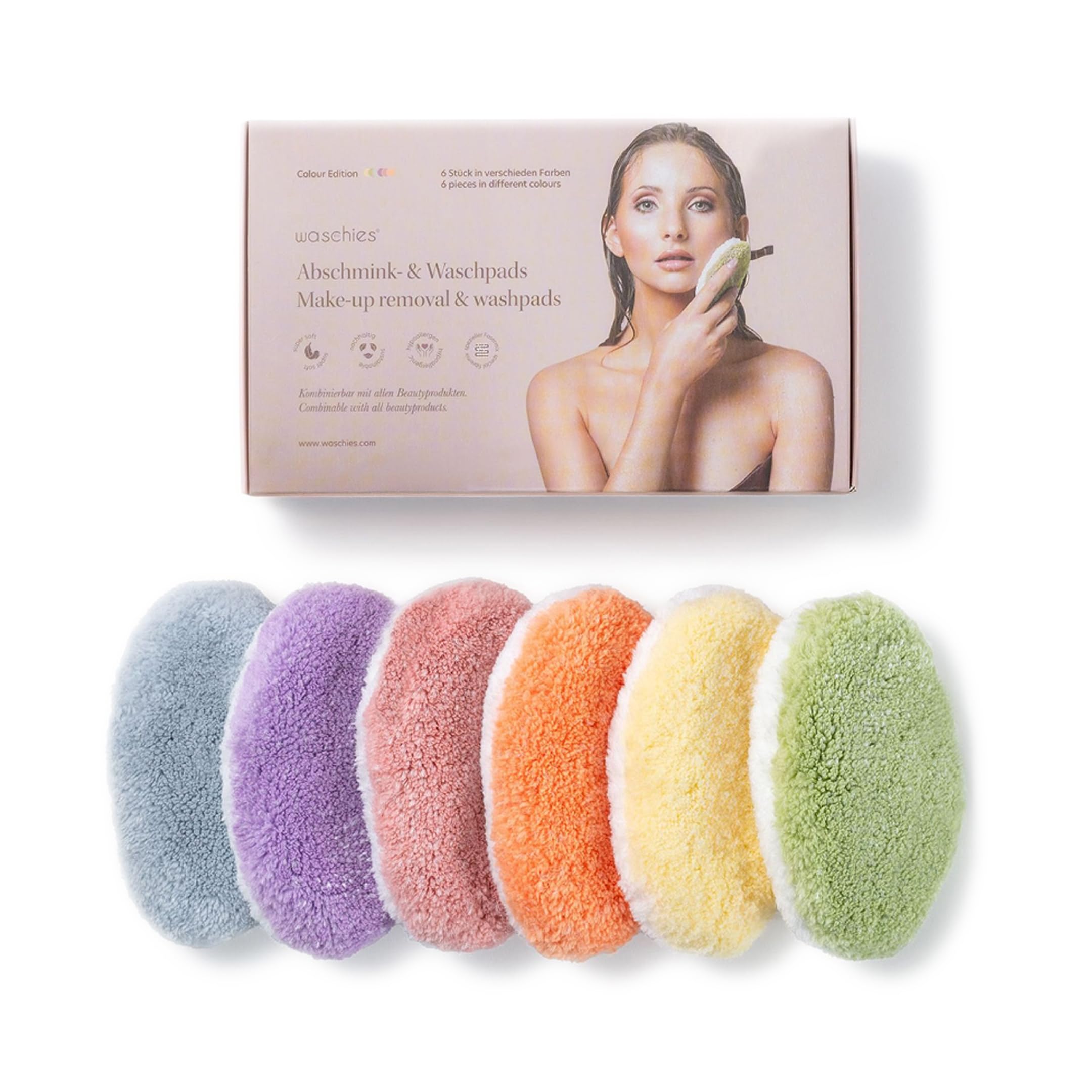 Waschies Reusable Makeup Remover & Face Cleansing Pads – Pack of 6 in Multicolour - Washable, Soft & Hypoallergenic, Gentle Cleansing For All Skin Types - Alternative to Cotton Pads & Wipes
