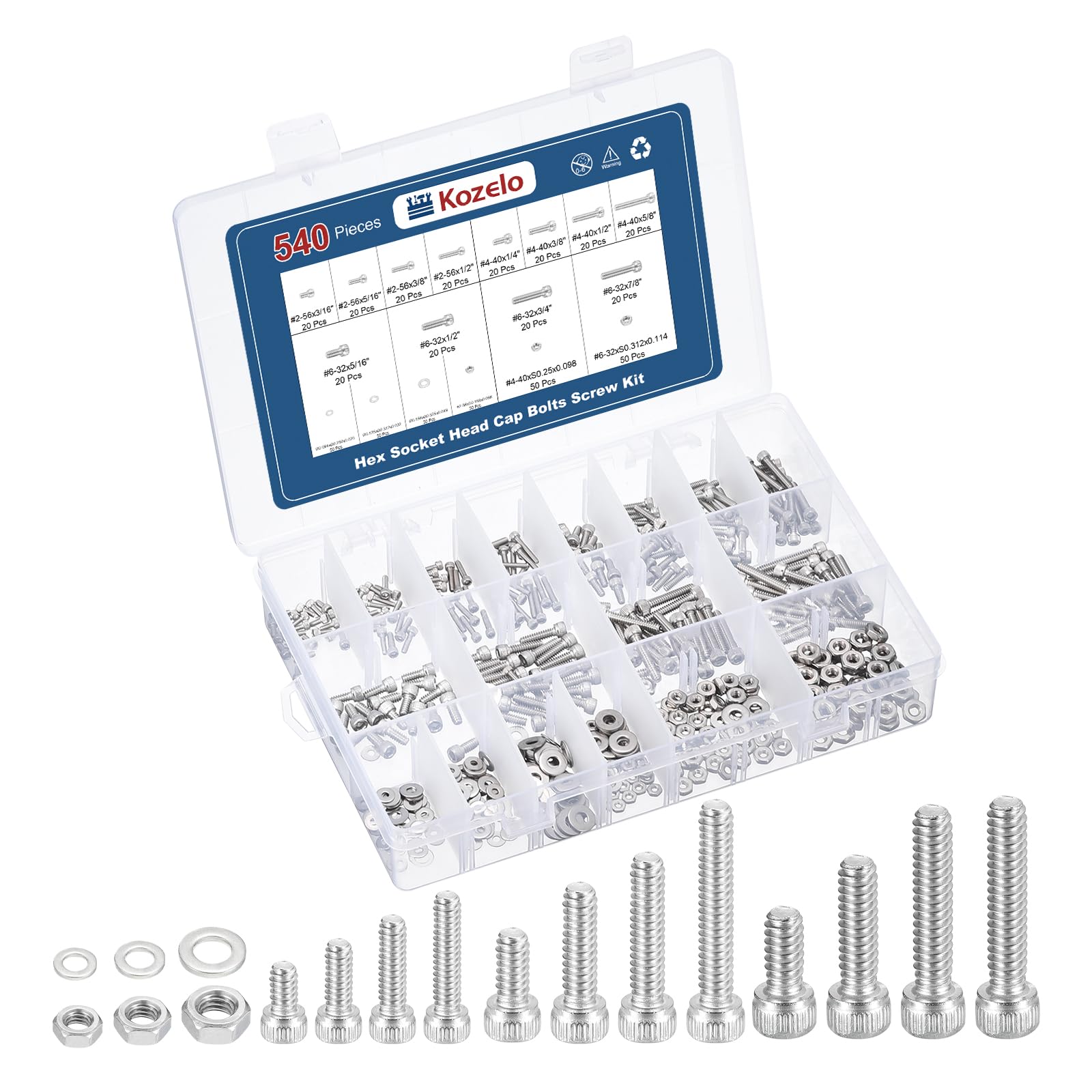 Kozelo 540pcs #2-56,#4-40,#6-32 Socket Head Cap Screws Bolts Nuts Assortment Kit - [3/16" to 7/8"] 304 Stainless Steel Allen Socket Drive for 3D Printer