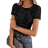 ZESICA Summer Floral Short Sleeve Tops for Womens 2026 Casual Crew Neck Going Out Mesh Shirts Fashion Clothes