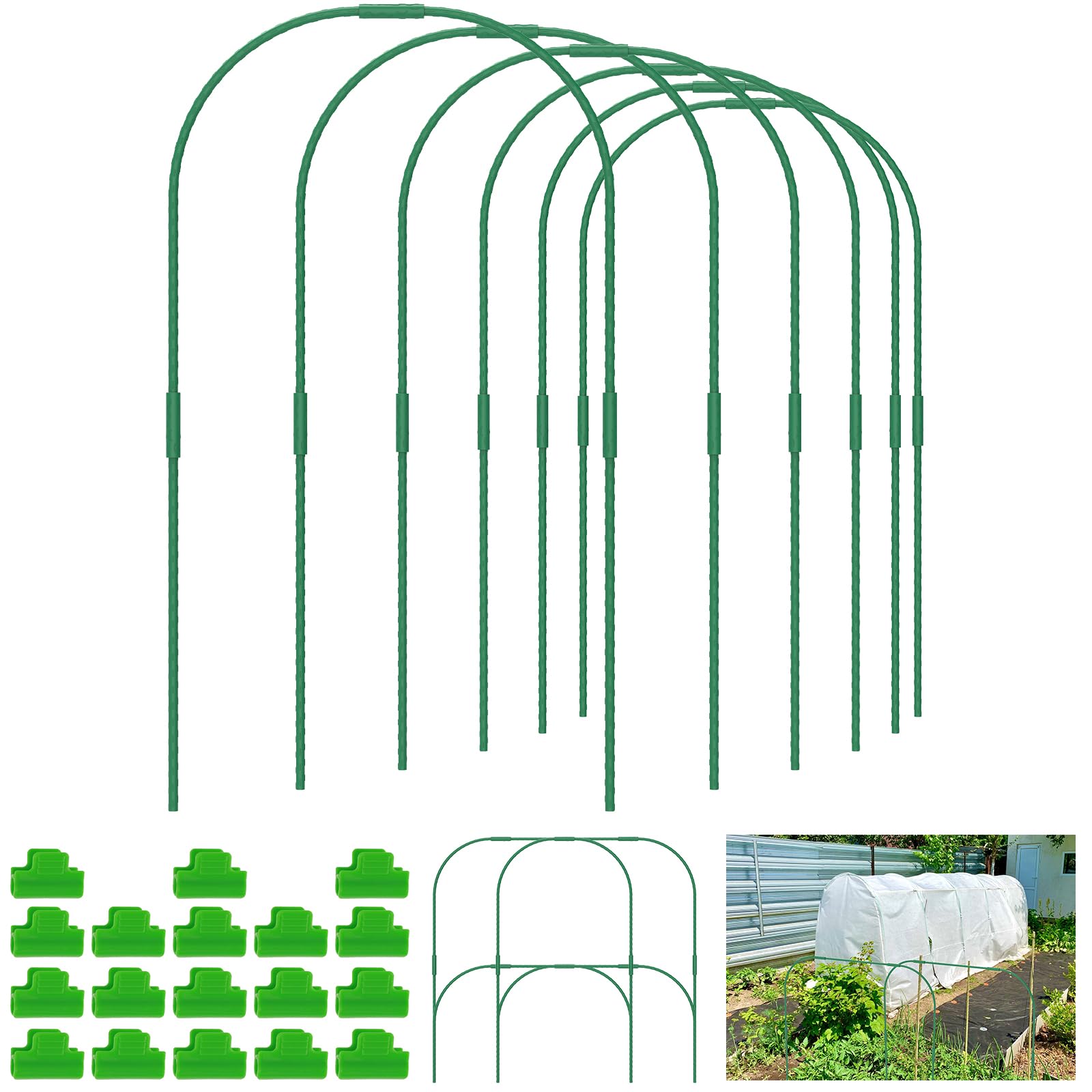 60Pcs Greenhouse Hoops for Raised Beds, Greenhouse Hoops Frame Tunnel Kit with 18 Clips,17In Detachable Fiberglass Support Hoops Frame, Rust-Proof Grow Tunnel Garden Hoops for Garden Netting