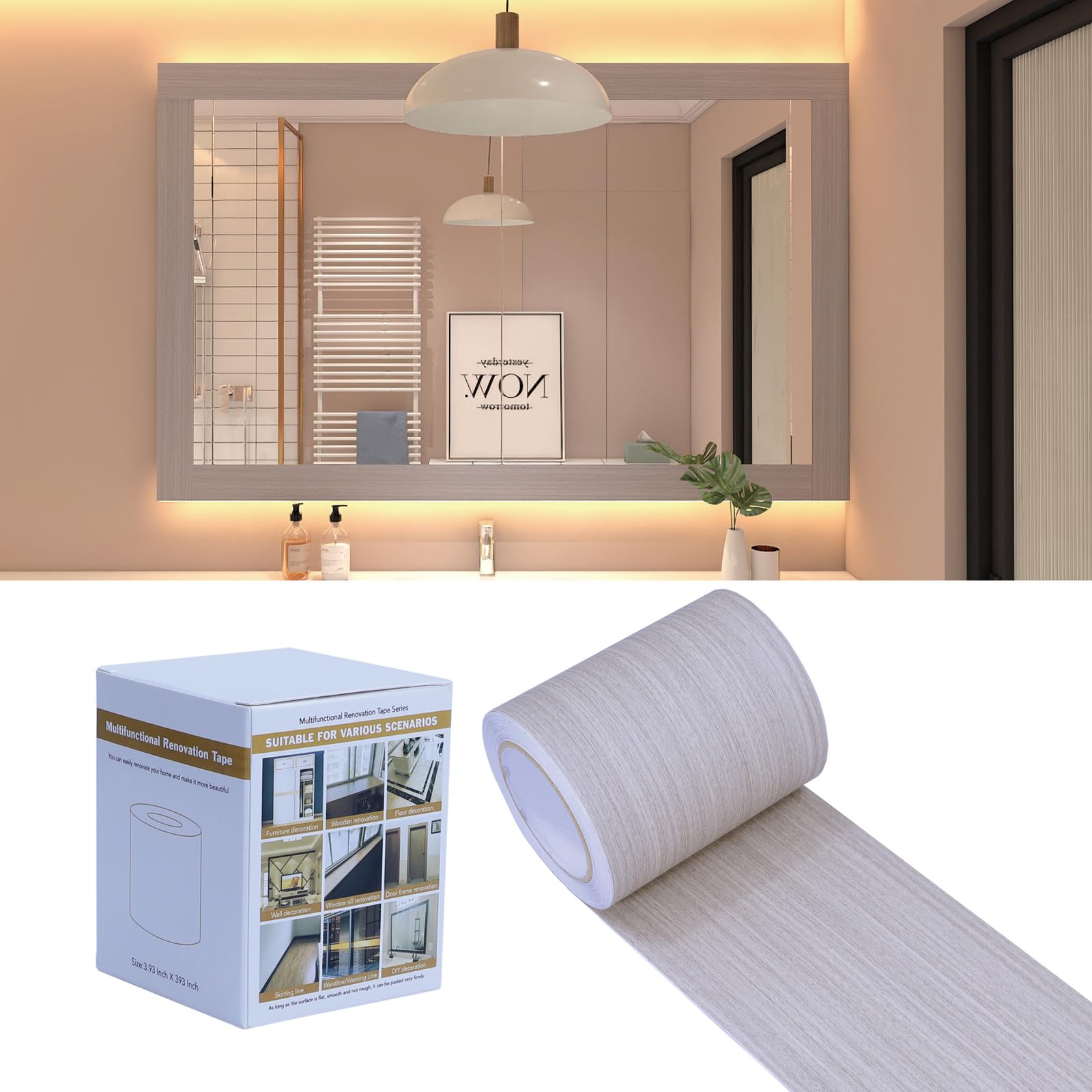 Photo 1 of FEILAYS Grey Wood Grain Wallpaper Border Removable PVC Waterproof Peel and Stick Wallpaper,Bathroom Mirror Frame Border Sticker Wall Decor 3.93 inches x 32.8 feet
