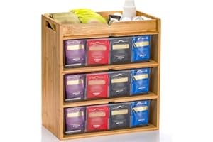 Tlence 3 Tier Bamboo Tea Bag Storage Organizer, 14" x 11" x 6.5" Vertical Tea Packet Rack with Drawer, Store Over 180 Tea Bags Wood Tea Station with Acrylic Partition for Countertop Office Kitchen