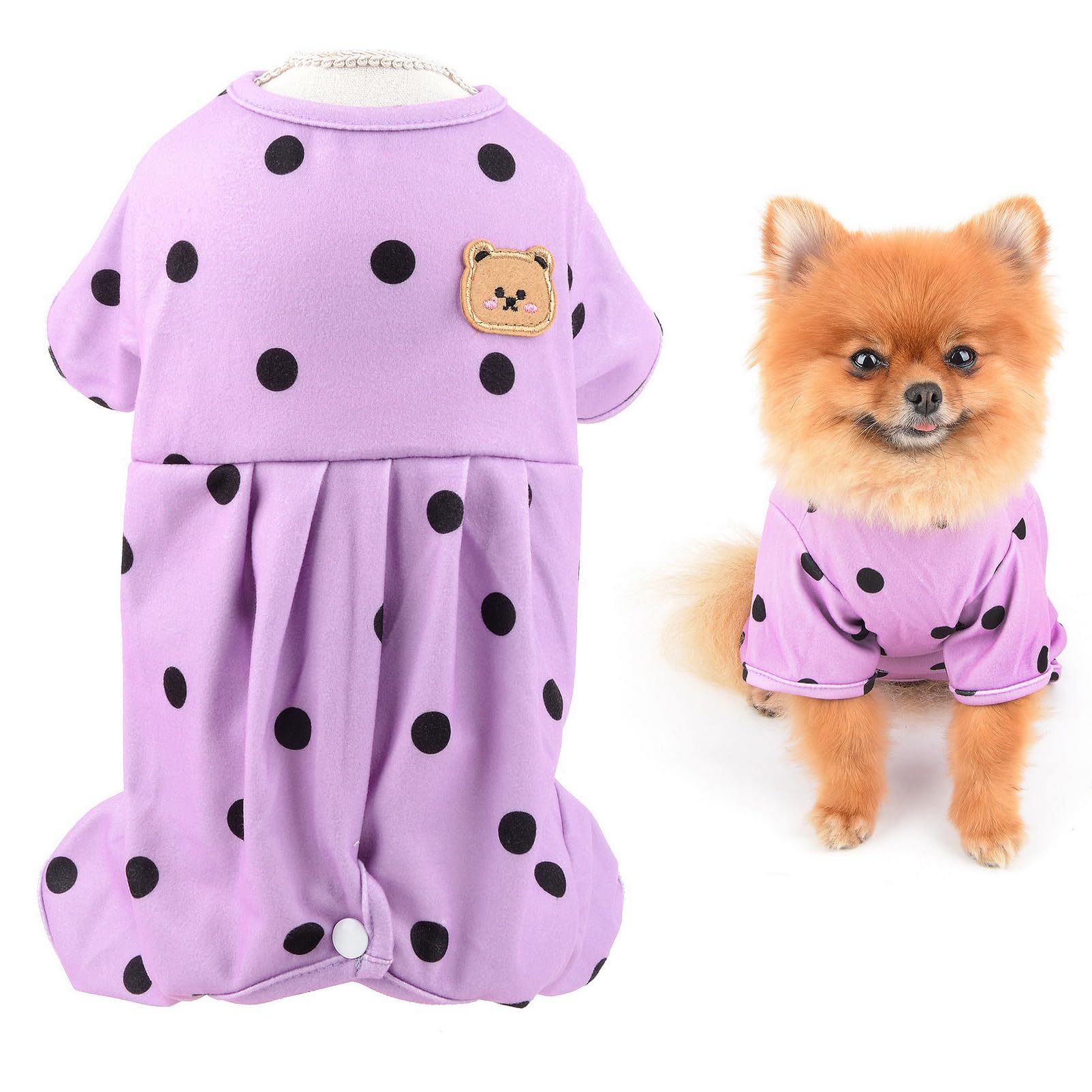 SMALLLEE_LUCKY_STORE Small Dog Clothes Cute Retro Dots Puppy Pajamas Pjs Belly Cover Cat Pyjamas Stretchy Jumpsuit Warm Sleepwear Outfits for Yorkie Chihuahua,Purple,M