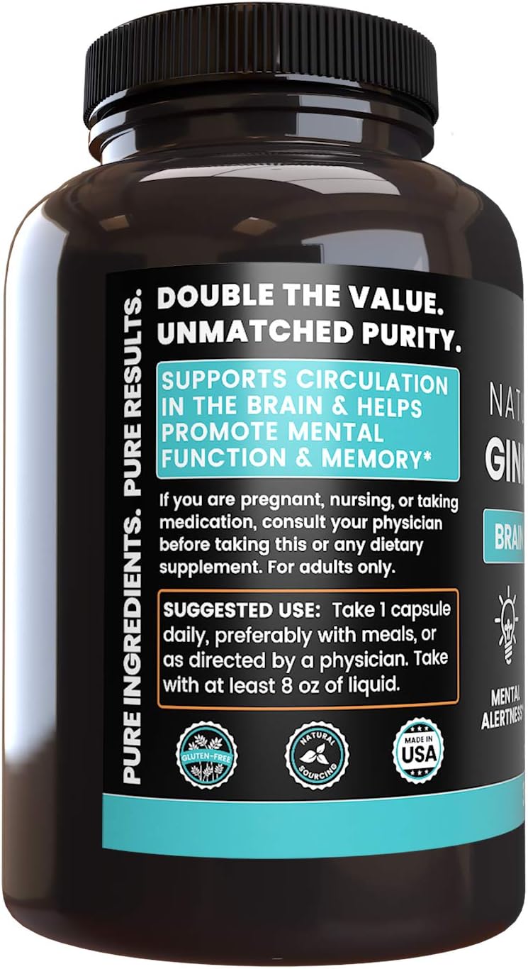 Natural Source Ginkgo Biloba, 365 Capsules, 1-Year Supply, No Magnesium or Rice Fillers, Gluten-Free, Made in The USA, Potent, 24% Standardized Ginkgo Flavone Glycosides Extract: Health & Personal Care