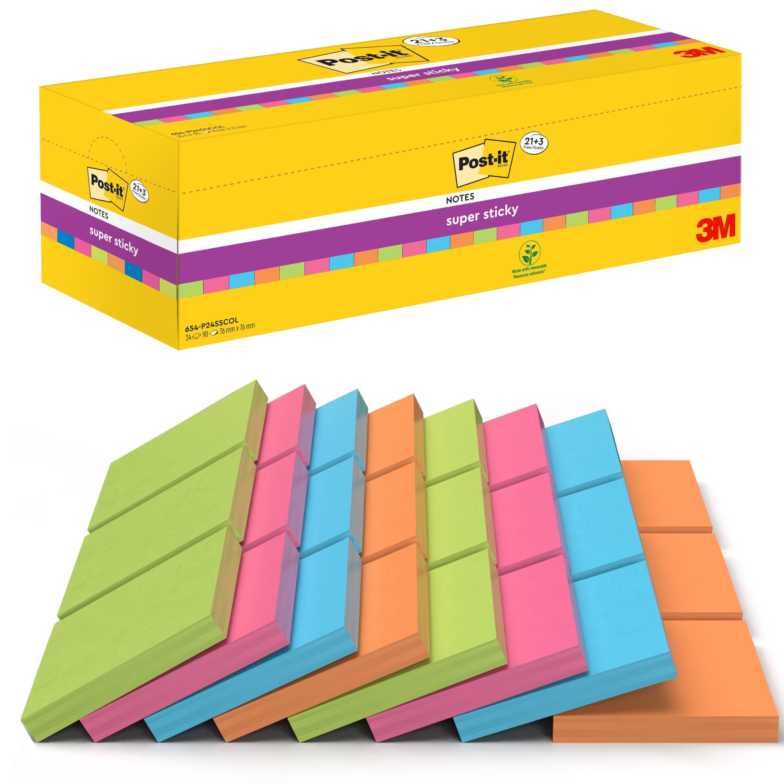Post-it Super Sticky Notes, 2160 Sheets, Value Pack of 24 Pads, 76 mm x 76 mm - Holds Strong to Many Surfaces - Bright Colours - for Walls, Monitors and Fridge, Recycable