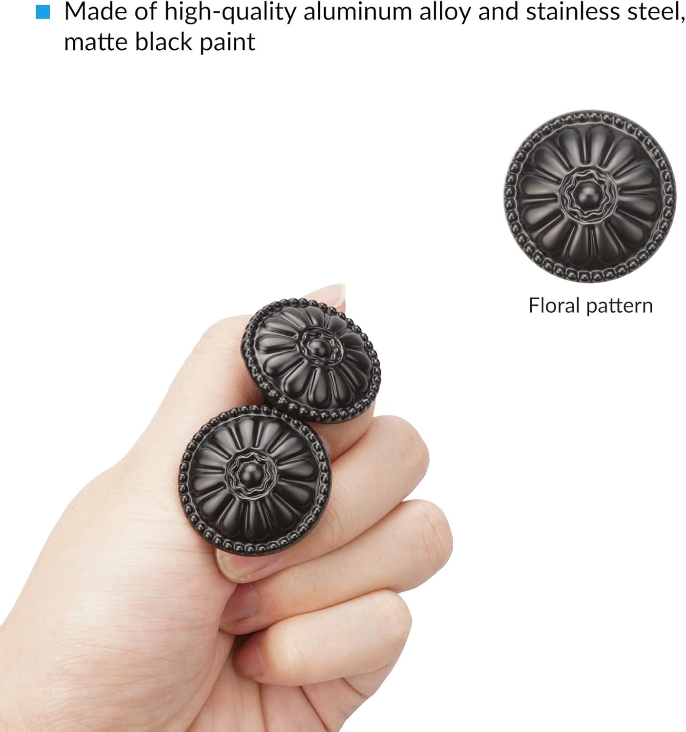 YEYIT Black Cabinet Handles - 16pcs Round Drawer Knobs & Mushroom Drawer Handle, 30MM Aluminum Alloy Flower Pattern with Screws - Image 4