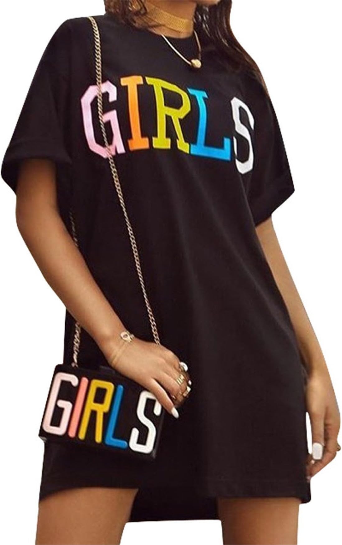 Women Short Sleeve Letters Print Black Tees Tunic Top Basic T-Shirt Blouse Dress
