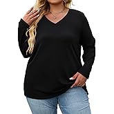 Halife Women's Plus Size V Neck Tshirts Spring Long Sleeve Tops Casual Loose Fit Tee Shirts Tunics XL-5X