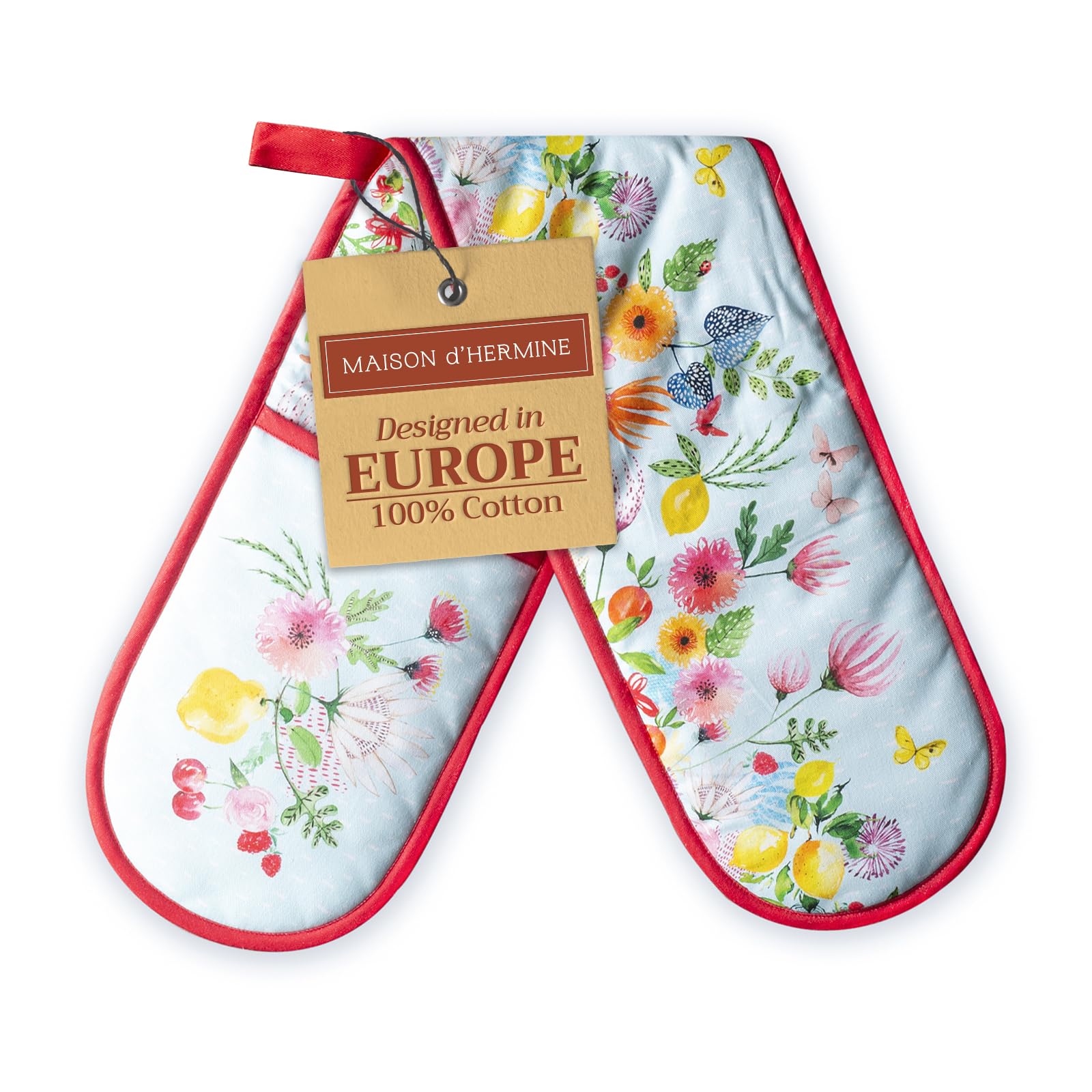 Maison d' Hermine Double Oven Mitts 100% Cotton 18 cm x 89 cm Double Oven Mitt Heat Resistant Cooking Gloves with Loop Baking Grilling Handling Hot Pans Gifts for Mothers Day (Jardin D'Ete - Mint)