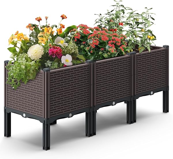 47X15X19IN RAISED GARDEN BEDS OUTDOOR, POLYPROPYLENE ELEVATED PLANTER BOXES OUTDOOR FOR VEGETABLES, FLOWERS, HERBS, GARDEN BOX WITH DRAIN OUTLET, HEAT AND FROST RESISTANCE PLANTERS, 300LB CAPACITY