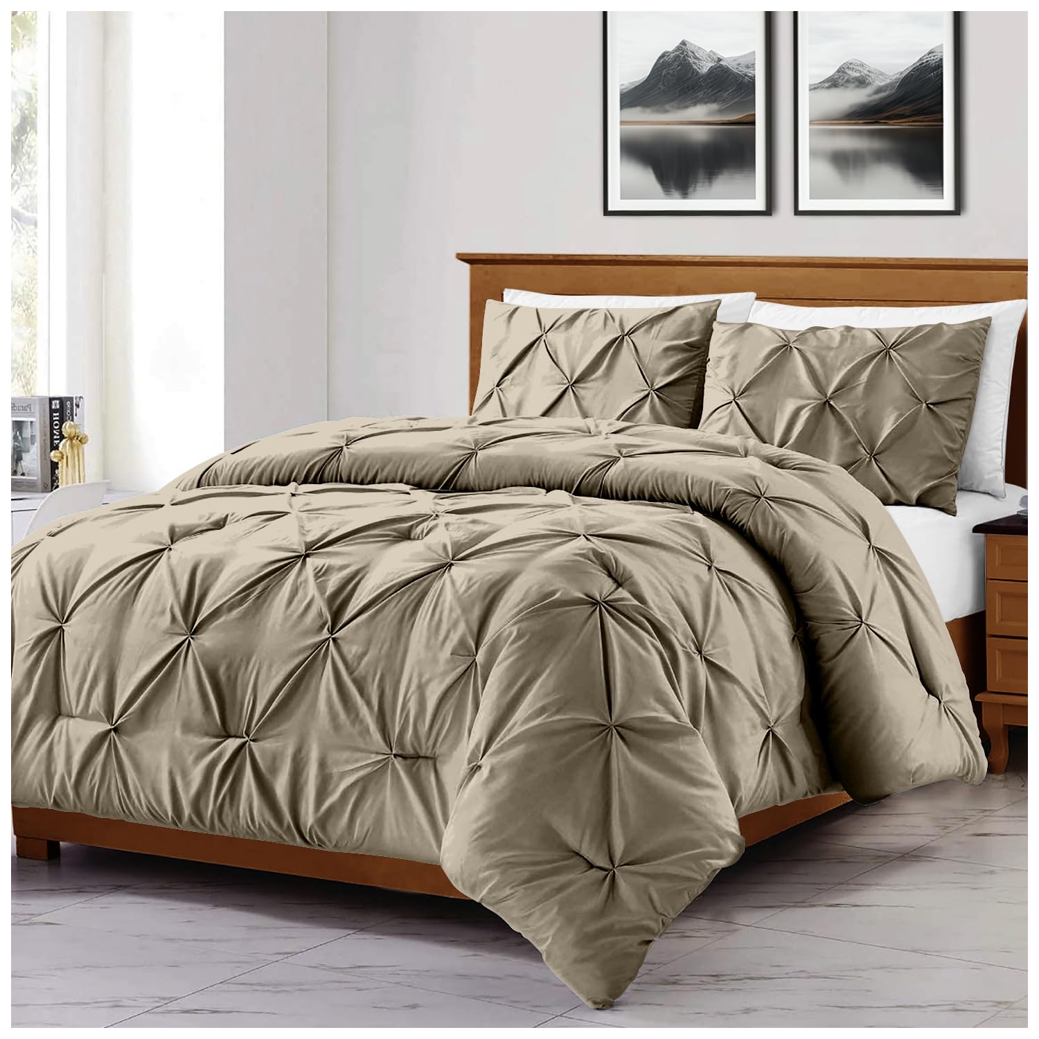 GC GAVENO CAVAILIA 3 Pieces Diamond Duvet Cover | Super Soft Pinch Pleat Bedding Double | Light Weight Pintuck 1x Quilt Cover Bedset With 2x Pillowcases | Latte