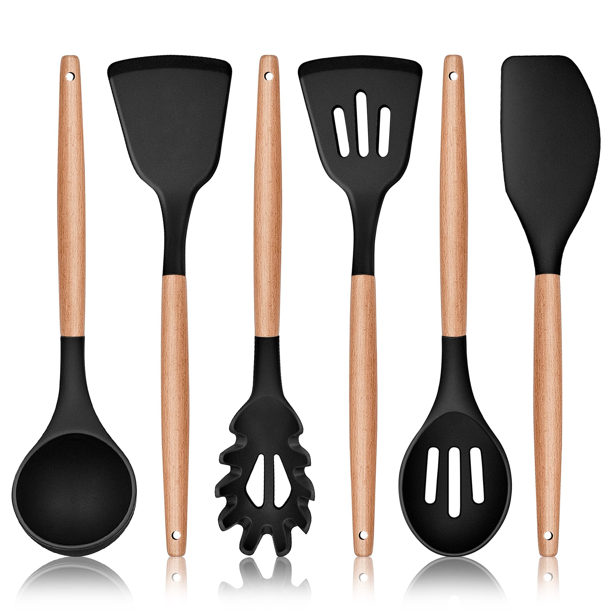 Herogo Kitchen Utensils Set, 6 Piece Silicone Cooking Utensils Set, Non-Stick Spatula Turner Spoon with Wooden Handle, Heat Resistant Kitchen Tools for Nonstick Cookware - Black