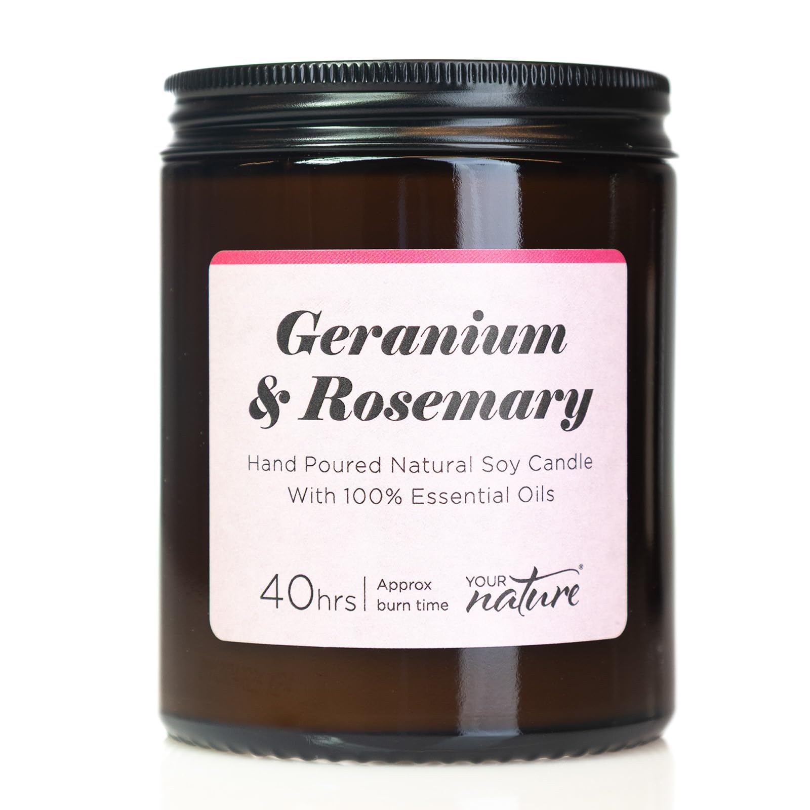 Your Nature Geranium & Rosemary Aromatherapy Candle – Luxury Handmade Soy Wax with Pure Essential Oils, Cotton Wick, Vegan & Eco-Friendly, Long Lasting Fragrance, 140g