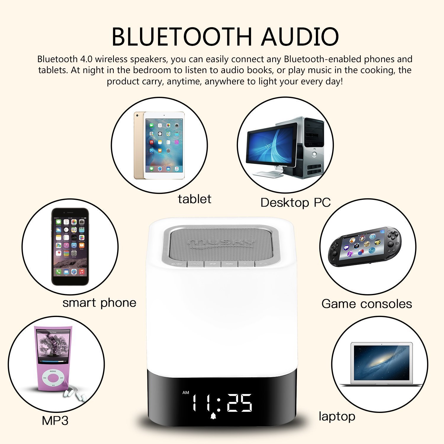 Bluetooth Speaker Alarm Clock, LED Touch Sensor Bluetooth Color Changing Speaker Atmosphere Control Lamp Dimmable Warm White Light & Color Changing RGB, TF Card, AUX Supported, Hands-free Speakerphone