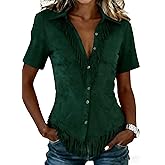 Women's Western Cowgirl Suede Shirts Vintage Long Sleeve Button Down Slim Fit Fringe Shirts Tops