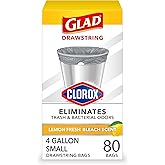 Glad Small Trash Bags 4 Gallon, Lemon Fresh Bleach Garbage Bags, Odor Resistant with Drawstring, 80 Count