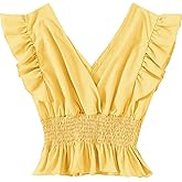 LYANER Women's V Neck Ruffle Cap Sleeve Shirred Blouse Sexy Crop Tank Top