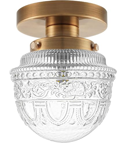 Brass Gold Semi Flush Mount Ceiling Light - Farmhouse Style With Glass Globe Shade, For Hallway, Kitchen, Porch - View #3
