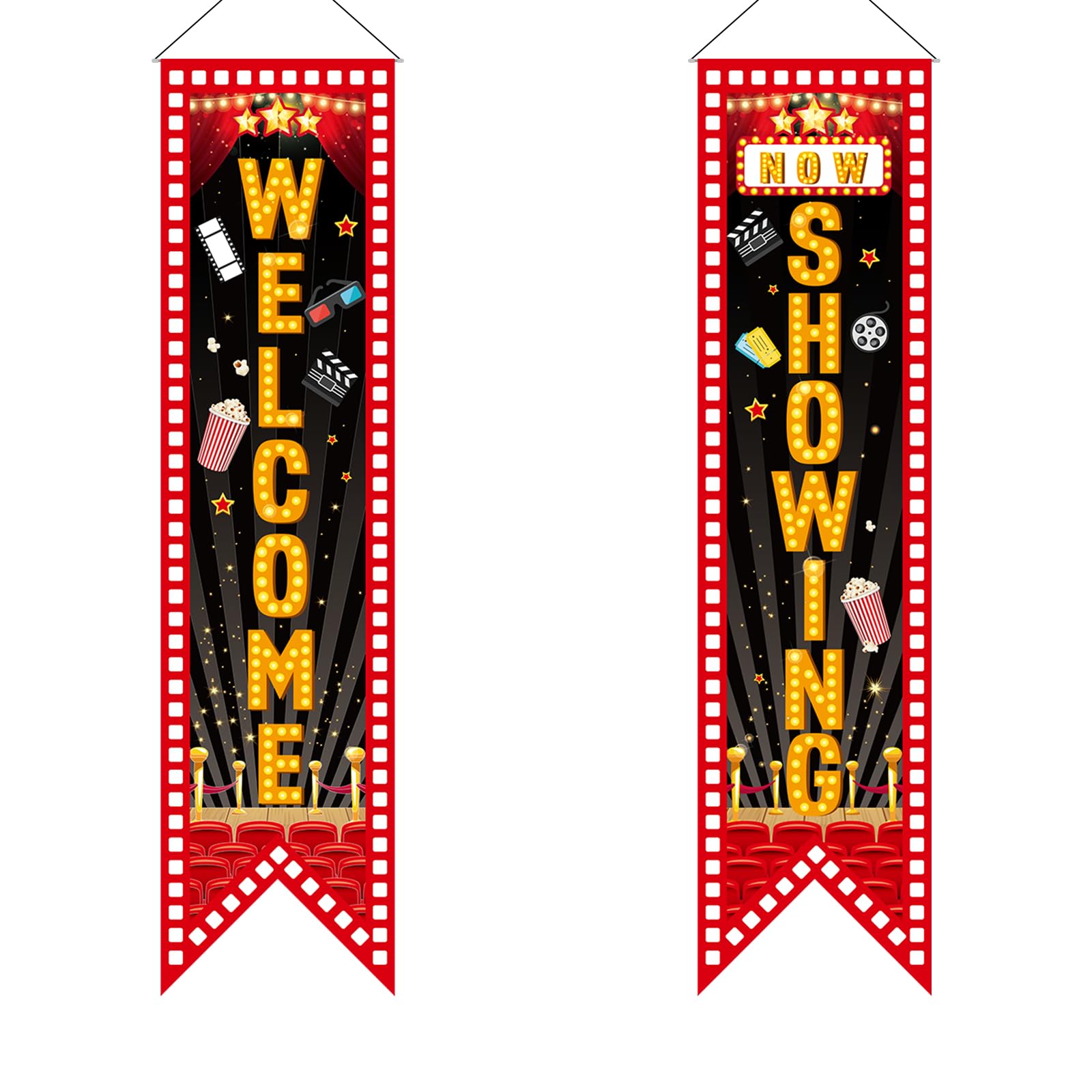 Photo 1 of 2pcs Movie Night Porch Hanging Banner, 47.2x11.8 Inch Welcome Now Showing Movie Night Sign Movie Theater Banner Movie Night Theme Party Decorations Supplies for Home Film Camera Action Party Backdrop