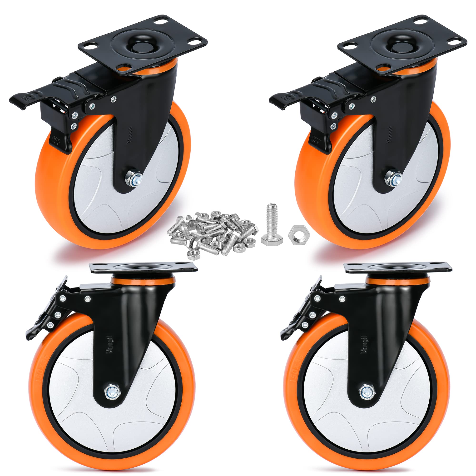 Photo 1 of 6 inch Heavy Duty Casters Load 2800lbs,Perfect Design Structure in Lockable Bearing Caster Wheels with Brakes,Swivel Casters for Furniture and Workbench,Set of 4 (Free Screws)