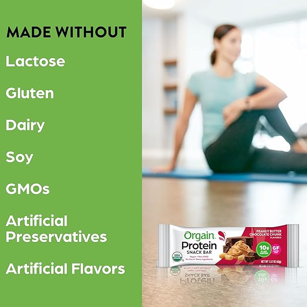 ORGAIN ORGANIC VEGAN PROTEIN BARS, PEANUT BUTTER CHOCOLATE CHUNK – 10G PLANT BASED PROTEIN, LOW CALORIE HEALTHY SNACKS, NO LACTOSE OR SOY INGREDIENTS, GLUTEN FREE, NON-GMO – 1.41 OZ (PACK OF 12)