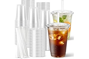 Joyeux 100 Pack 16 oz Clear Plastic Cups with Lids and Straws - Disposable Iced Coffee Cups for Matcha, Milkshakes, Smoothies
