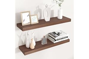 VENUSMILES Floating Shelves for Wall, 24"W x 6.7"D x 1.4"H, 2 Pack of Long Wall Mounted Engineered Wood Shelves with Invisible Brackets for Living Room, Bedroom, Bathroom, Kitchen Decor and Storage, Walnut