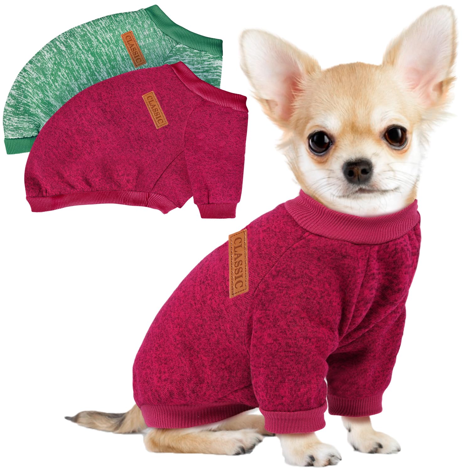 Photo 1 of 2 Pack Dog Sweaters for Small Dogs Girl Boy Winter Fleece Clothes Warm Soft Dog Sweatshirt Outfit for Dogs Cats Pet Apparel (Wine Red+Green, Medium)