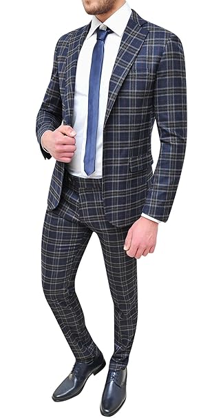Abito completo uomo sartoriale blu grigio quadri slim fit vestito ... Abito completo uomo sartoriale blu grigio quadri slim fit vestito ...