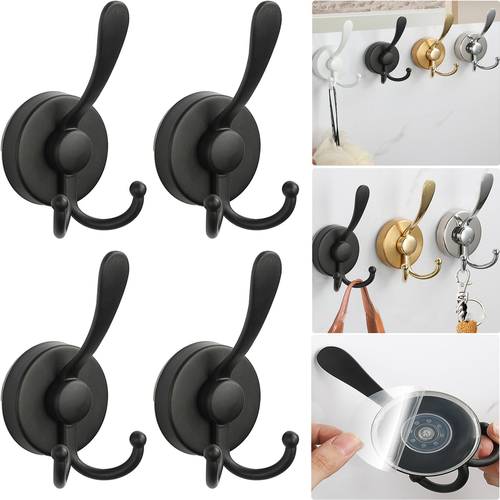 Boxonly No-Drill Suction Cup Duck Tongue Twin Hooks,2024 Upgraded Stainless Steel Waterproof Hooks for Bathroom,Shower,Kitchen,and Mirrors–Heavy Duty Towel Holders(4 Pcs, Matte Black)