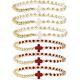 Bohxantium Gold Beaded Bracelets for Women Stackable Boho Gold Plated Colorful Seed Beads Ball Cross Bracelets Stack Elastic Stretch Trendy Jewelry Accessories Non Tarnish Friendship Christian Gift