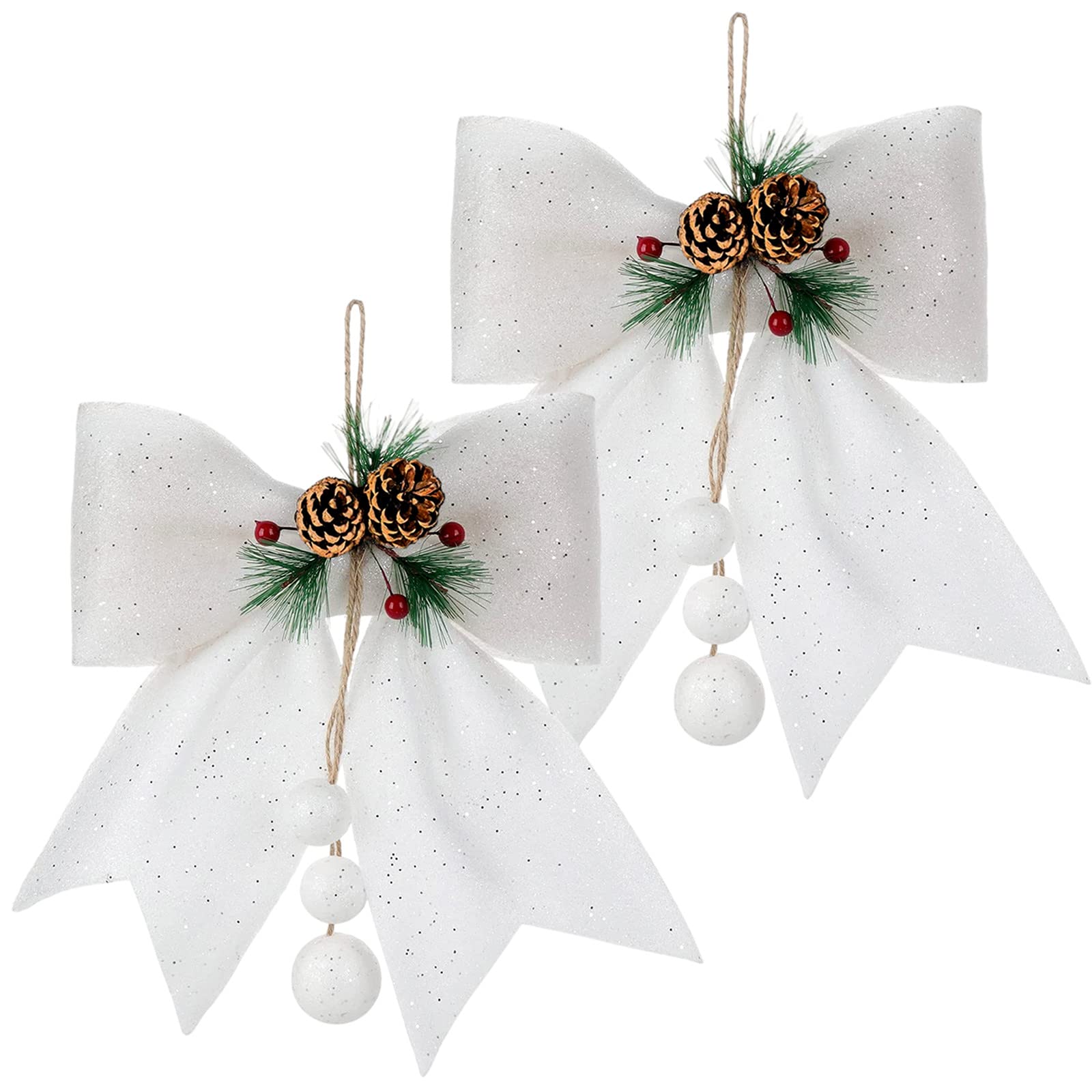 2 Pack White Glitter Bows for Christmas Tree and Wreath Decorations - Large Sequin Ties Ornaments for Xmas Garland