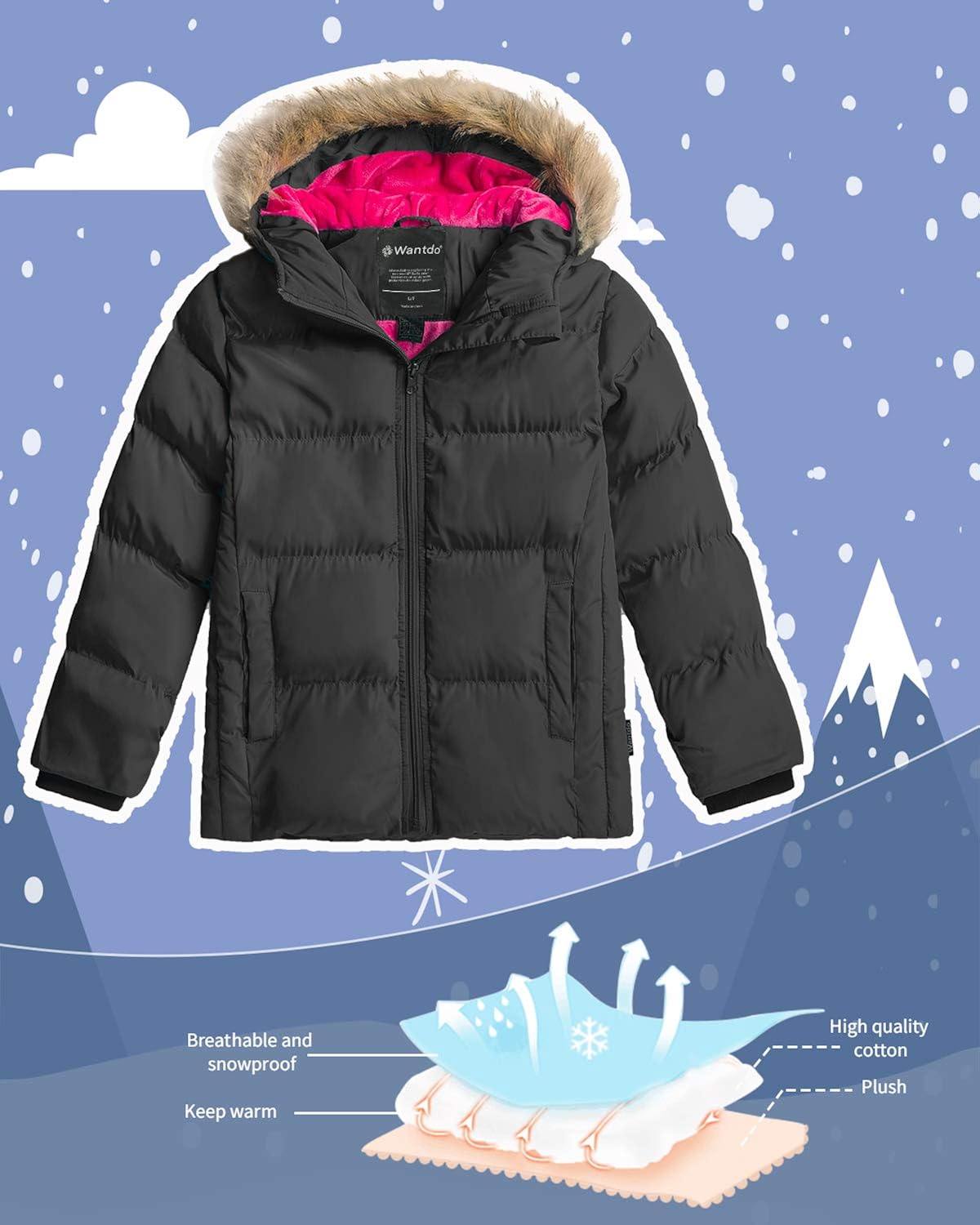 Wantdo Girl's Water-Resistant Winter Coat Warm Insulated Padded Puffer Jacket with Hood: Clothing