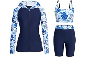 Owntop Womens 3-Piece Rash Guard | UPF50+ Swimsuits Hooded UV Shirt | Long Sleeve Zipper Rashguard Shirt Bikini Top Boyshort