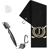 YLXLLSM Personalized Golf Towels for Golf Bags for Men, Funny Custom Letter J Embroidered Golf Towel with Clip Club Brush Groove Cleaner, Monogrammed Golf Towel Accessories Gift for Men Golfer Black
