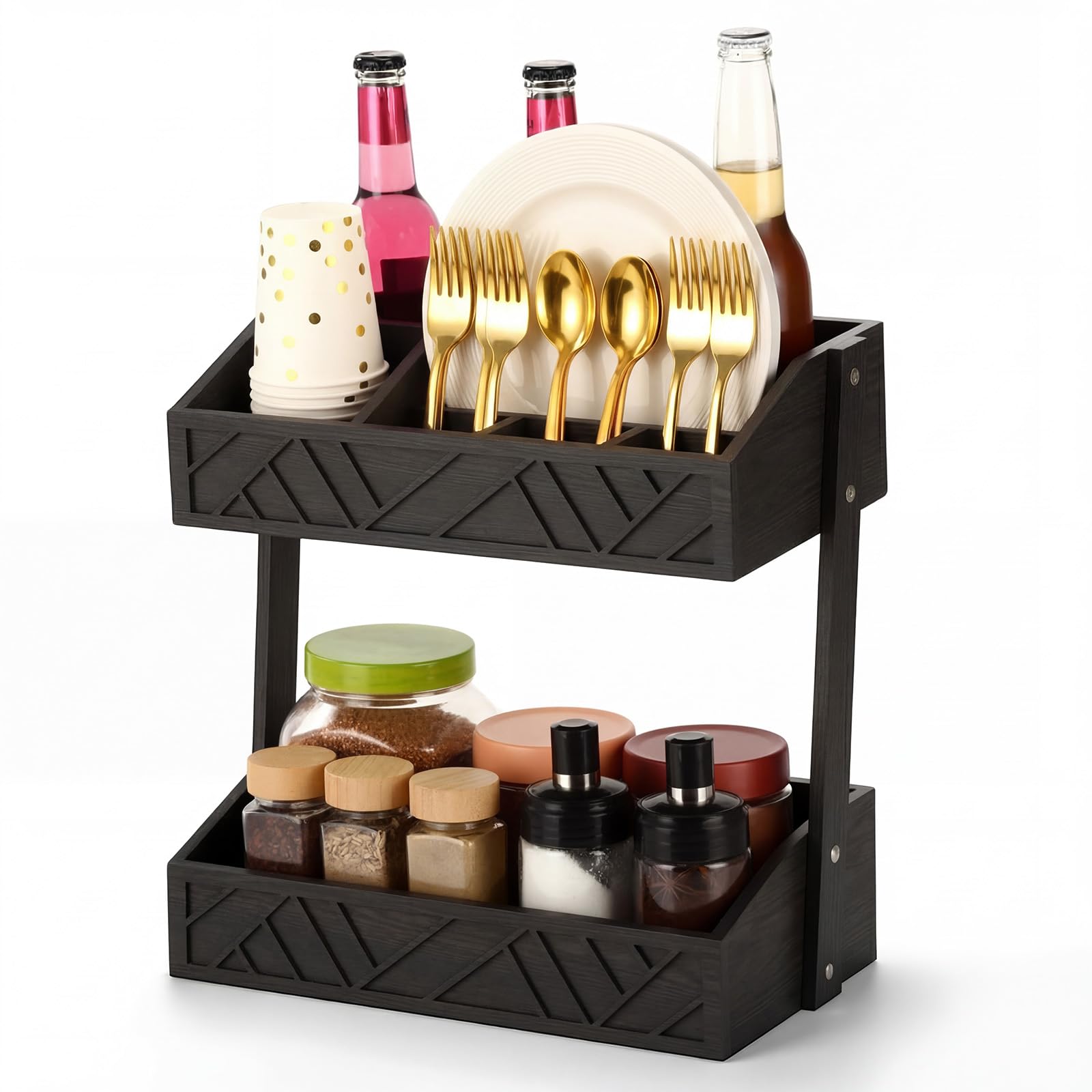 Photo 1 of Geelin 2 Tier Paper Plate Dispenser Utensil Caddy for Parties Wood Rustic Silverware Caddy Cutlery Flatware Organizer Rack for Cups Spoons Forks Napkins, Kitchen Accessories, Black