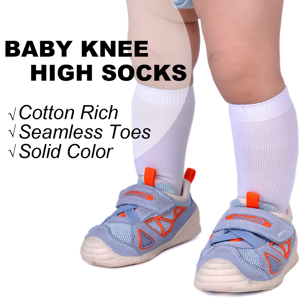 EPEIUS Baby Knee High Socks Seamless Baby Socks Solid Cotton Stockings for Boys/Girls 0-3/3-6/6-12/12-24 Months 3 Pack