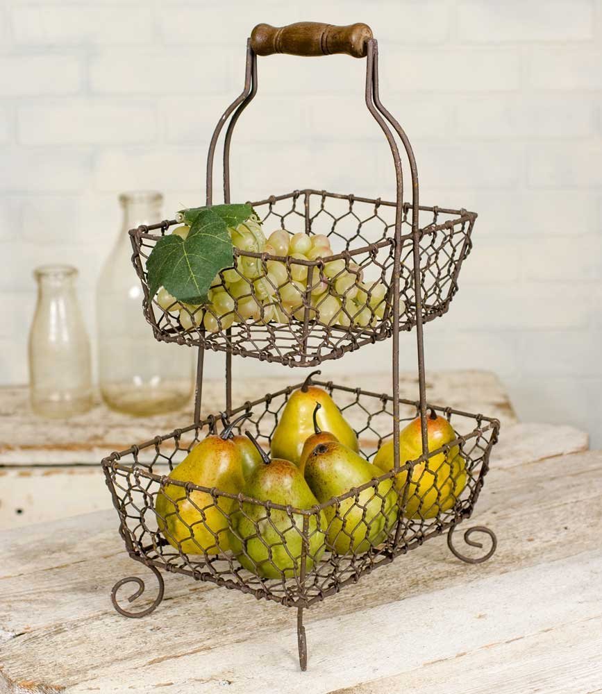 CTW 2 Tier Square Metal Tiered Grayson Caddy Rack Display Stand Basket Wooden Handle for Fruit Vegetables Kitchen Bathroom Toiletries Storage Rustic Country Farmhouse Style Decor Brown