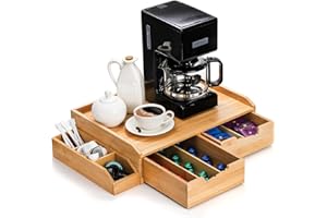 SOUJOY Bamboo Drawer Organizer for Coffee Pod, K Cup Organizer for Counter, Tea Bag Storage Organizer with Drawer and Side St