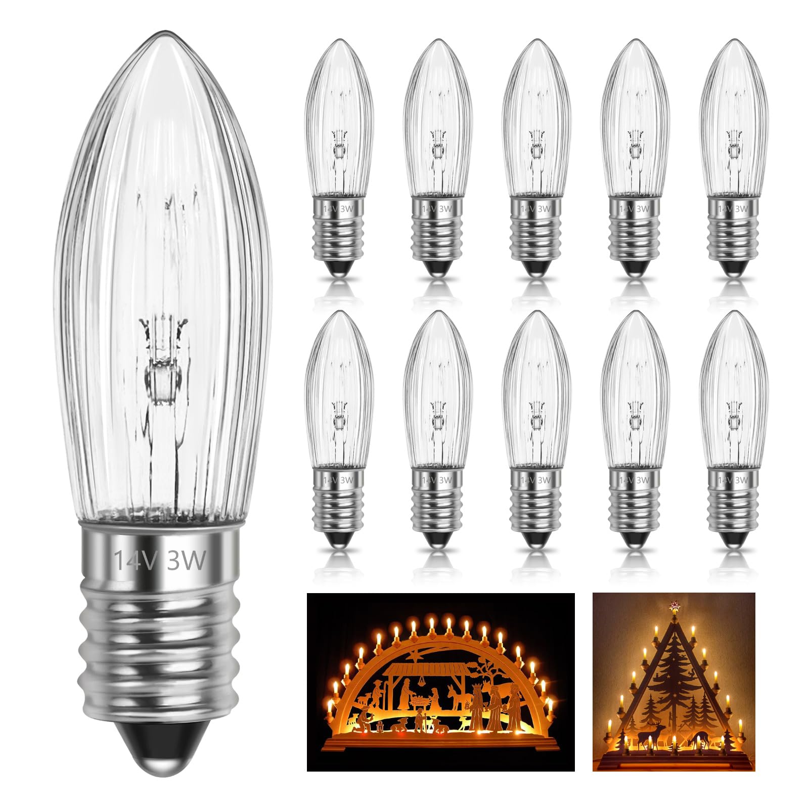SCNNC E10 Candle Light Bulbs 14V 3W, Candle Arch Bridge Bulb Replacement Warm White 2700K, E10 Tapered Candle MES Spare Christmas Bulb for Candle Bridge Arch Fairy Lights Candlestick, Pack of 10