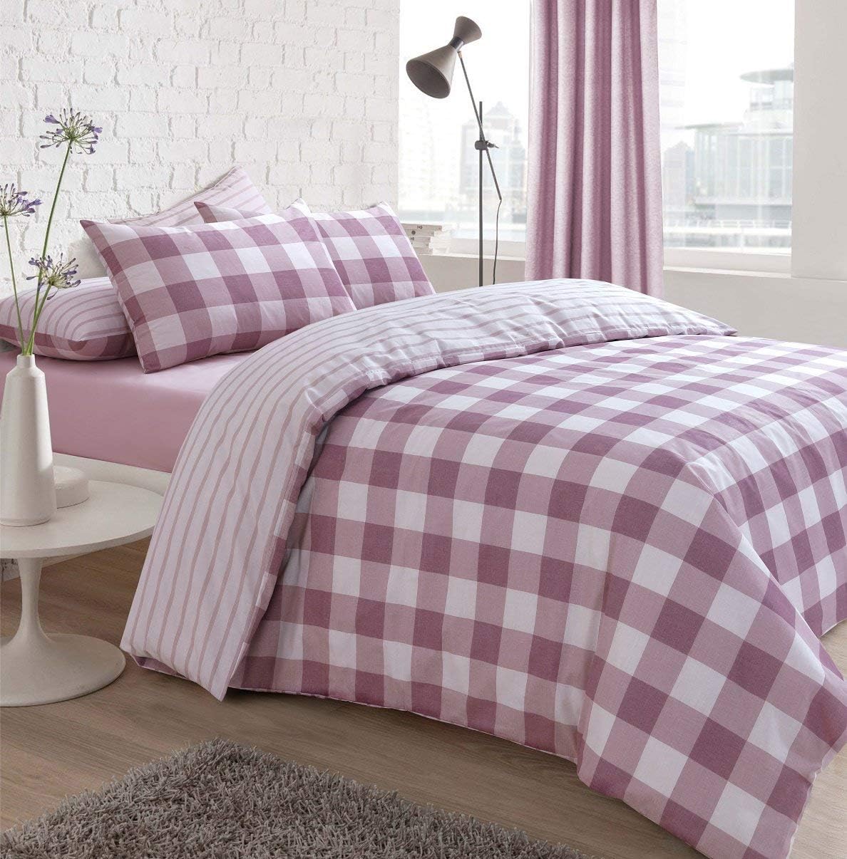 Sleepdown Gingham Pink Check Reversible Stripe Duvet Quilt Cover