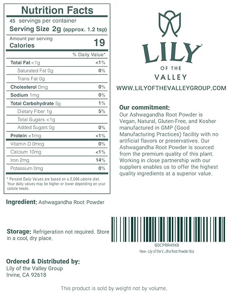 LILY OF THE VALLEY ASHWAGANDHA ROOT POWDER – WITHANIA SOMNIFERA – SOURCED FROM INDIA – NO FILLER NO ADDITIVES – INDIAN GINSENG – VEGAN & GLUTEN FREE – PACKED IN RESEALABLE POUCH (8OZ, 226G)