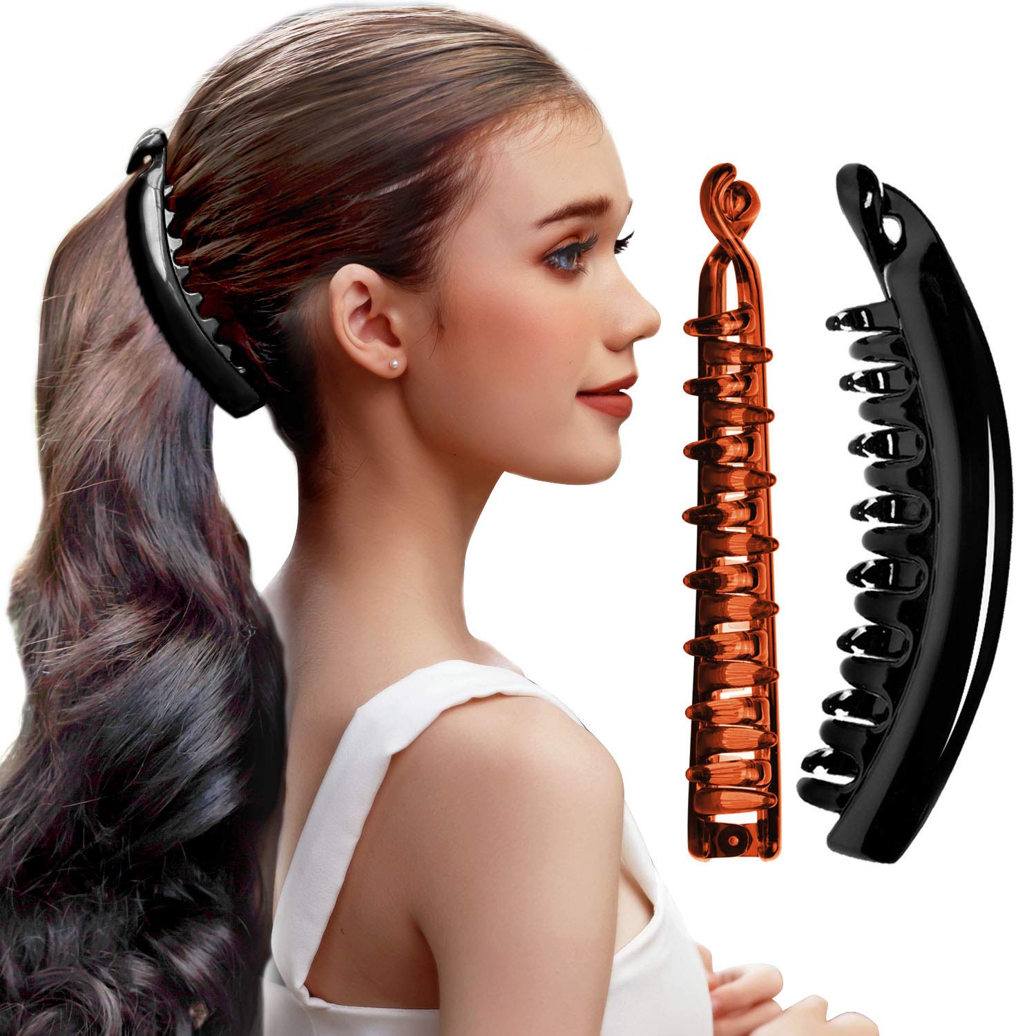 RC ROCHE 2 Pcs Large Banana Hair Clips Claws for Women Thick Curly Ponytail Holder Maker Big Comb No Crease Strong Hold Styling Clasp, Large Black and Brown