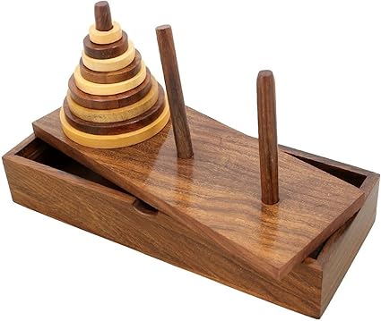 SKAVIJ Wooden 9-Rings Tower of Hanoi Puzzle Game Handmade, Brown