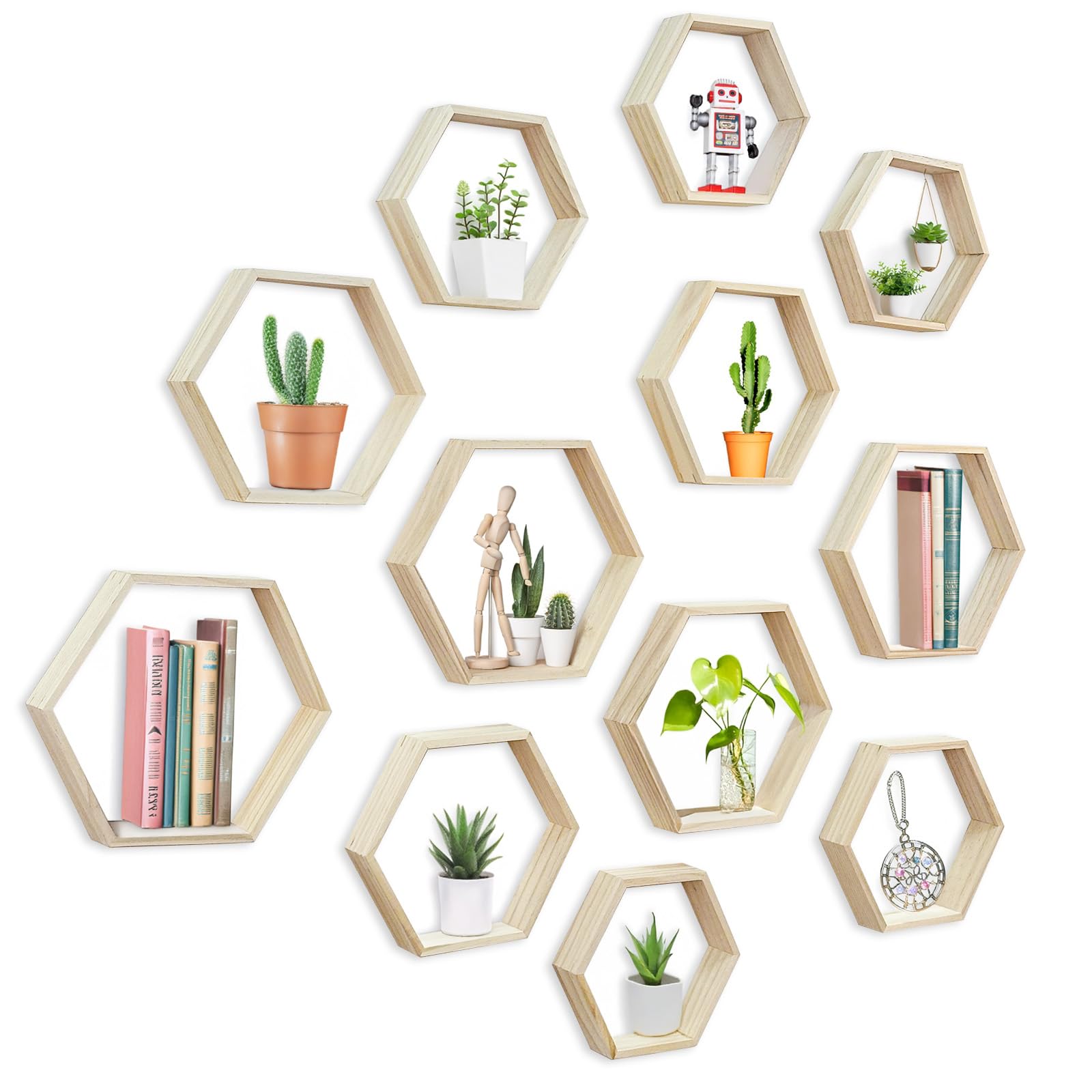 Photo 1 of GUDELAK 12 Pcs Wooden Hexagon Shelves, 3 Size Versatile Honeycomb Shelves Hexagon Floating Shelves for Wall Wedding Table Centerpieces Home Living Room Bedroom (11inch, 9.7inch, 8.5inch)