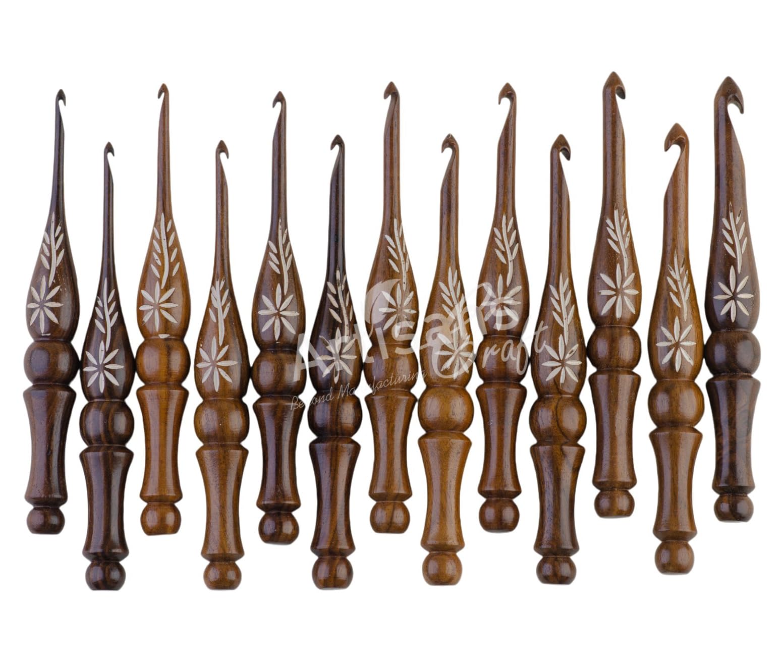 Photo 1 of Crochet Hooks Set of 13-3.5mm to 12mm - Hand Carved Wooden Hook with Leaf Design - Ergonomic Soft Grip for Arthritic Hands - Crochet Accessories (Set of 13)