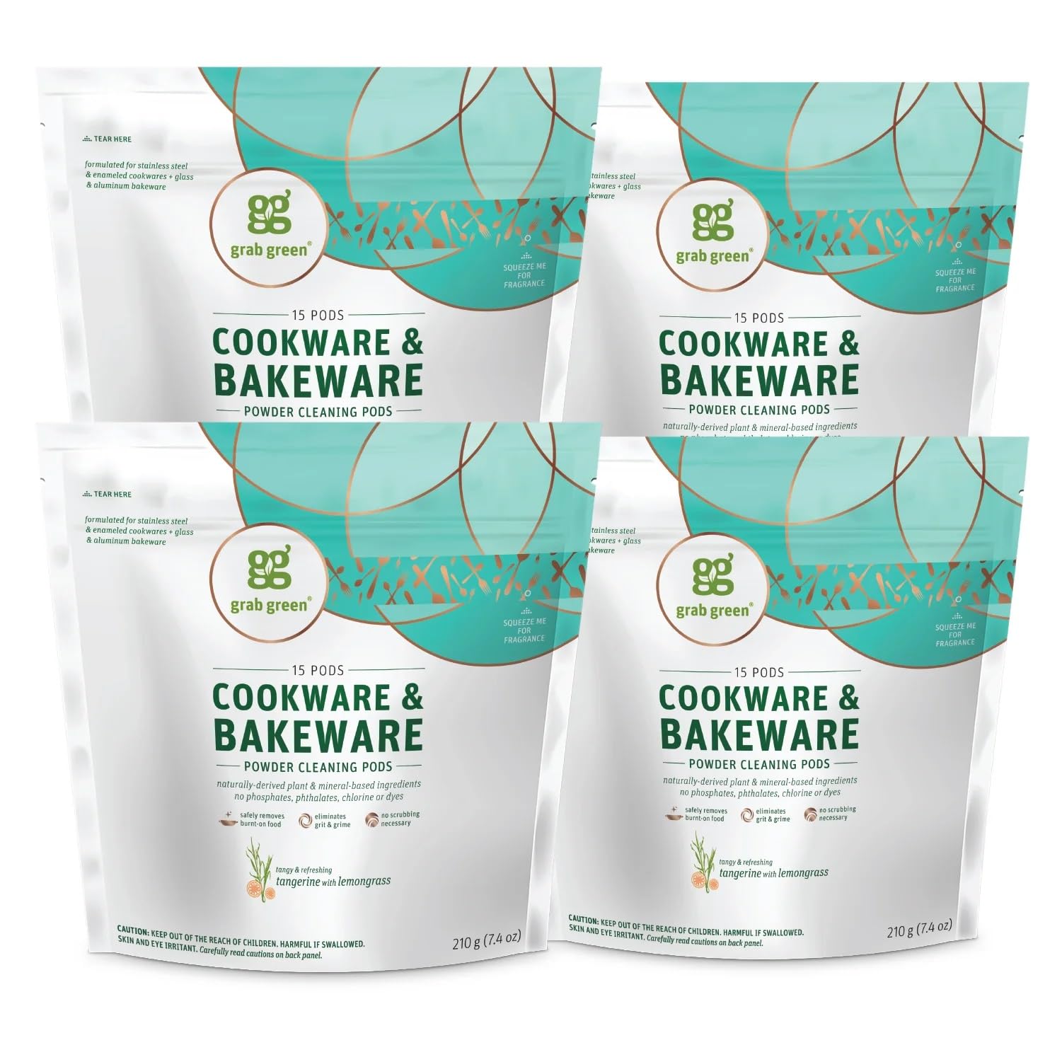 Grab Green Cookware and Bakeware Cleaner Pods, 60 Pods, Tangerine Lemongrass Scent, Plant and Mineral Based, Removes Burnt-On Food, Eliminates Stains