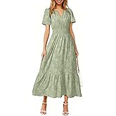 Simplee Womens Summer Boho Maxi Dress Semi Formal Wedding Guest Short Sleeve V Neck Empire Waist Floral Long Dresses
