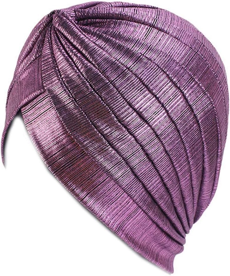 ballboU-Womens Metallic Arab Pleated Hair Wrap Turban Hat Glittered Drawbench Indian Muslim Hijab Criss Cross Knot Chemo Cap Bonnet