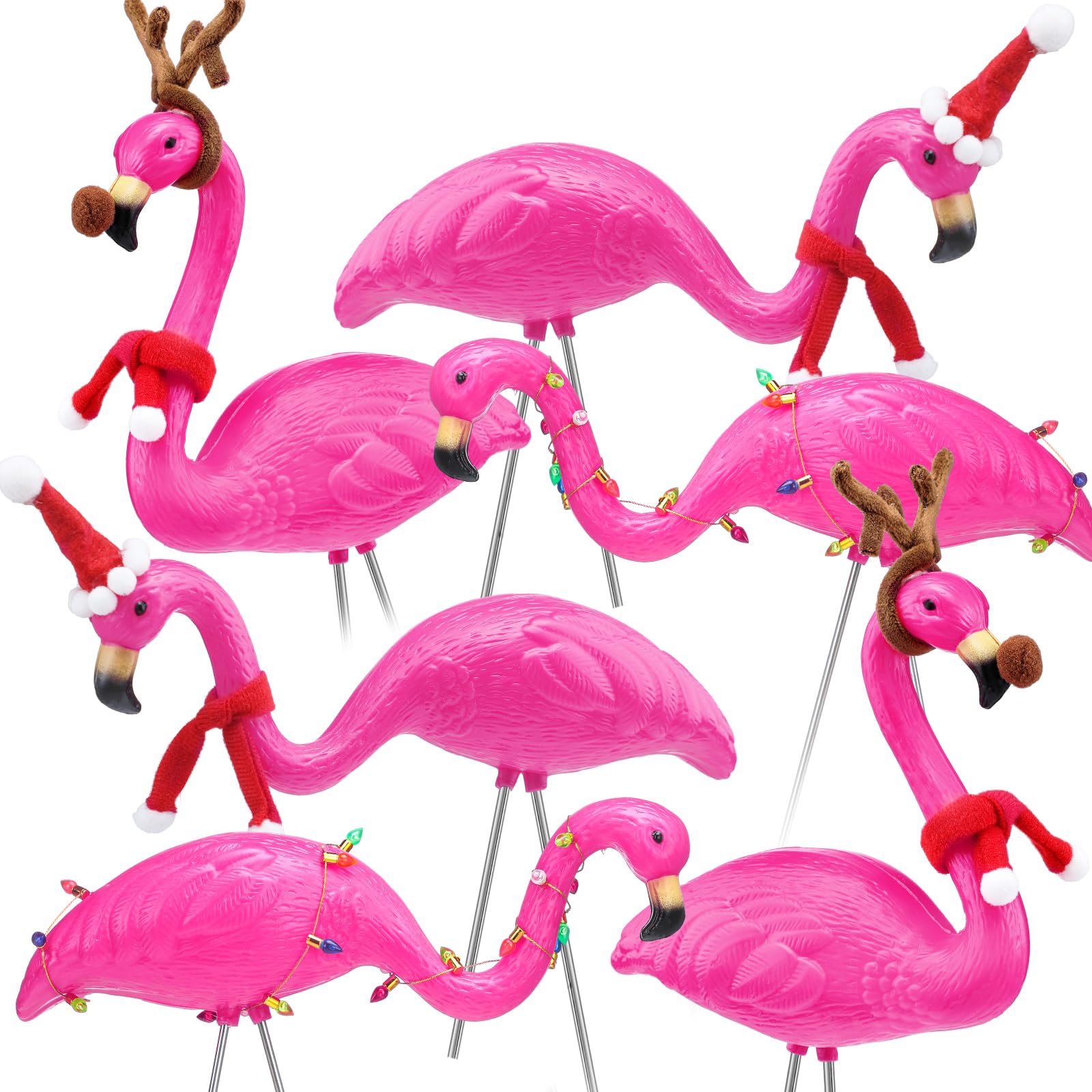 Photo 1 of Briwooody 6 Pack Pink Plastic Flamingo Reindeer Santa Yard Ornaments for Christmas Lawn Garden Outdoor Party Decor